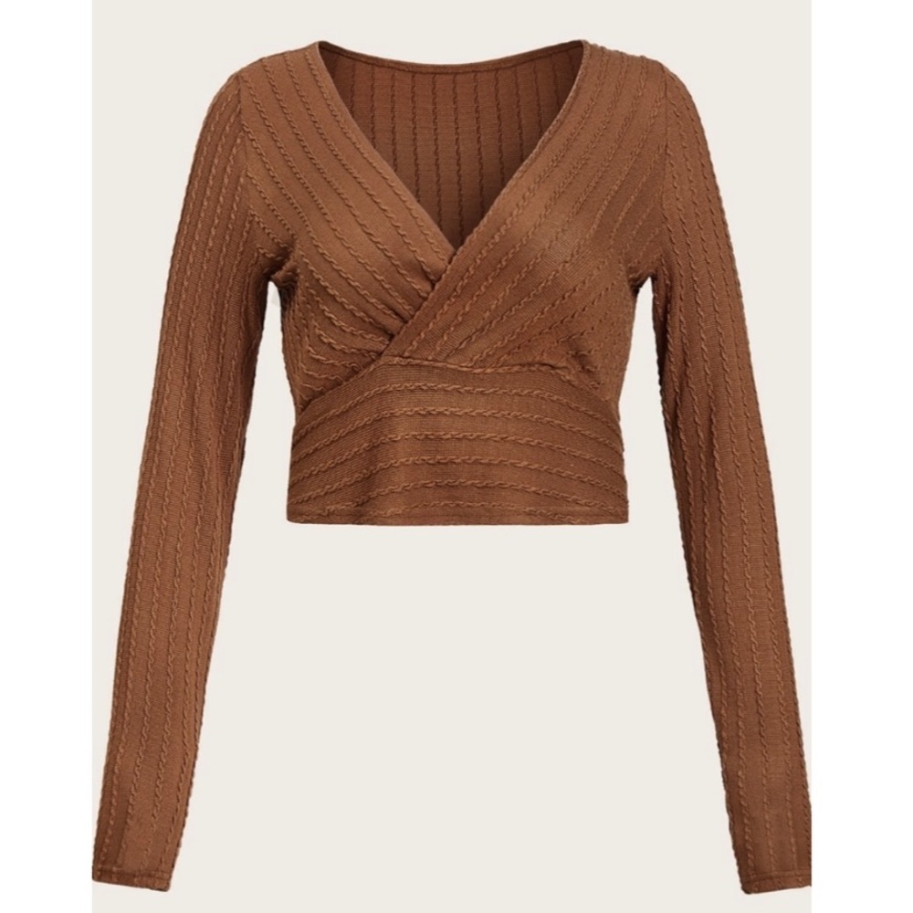 NEW| Women’s Long Sleeve Lightweight Brown Knit Crop Top - Picture 3 of 8